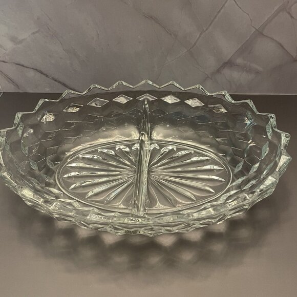 VINTAGE AMERICAN FOSTORIA CLEAR CUBIST DIVIDED RELISH/VEGETABLE OVAL DISH  10" - Picture 2 of 6